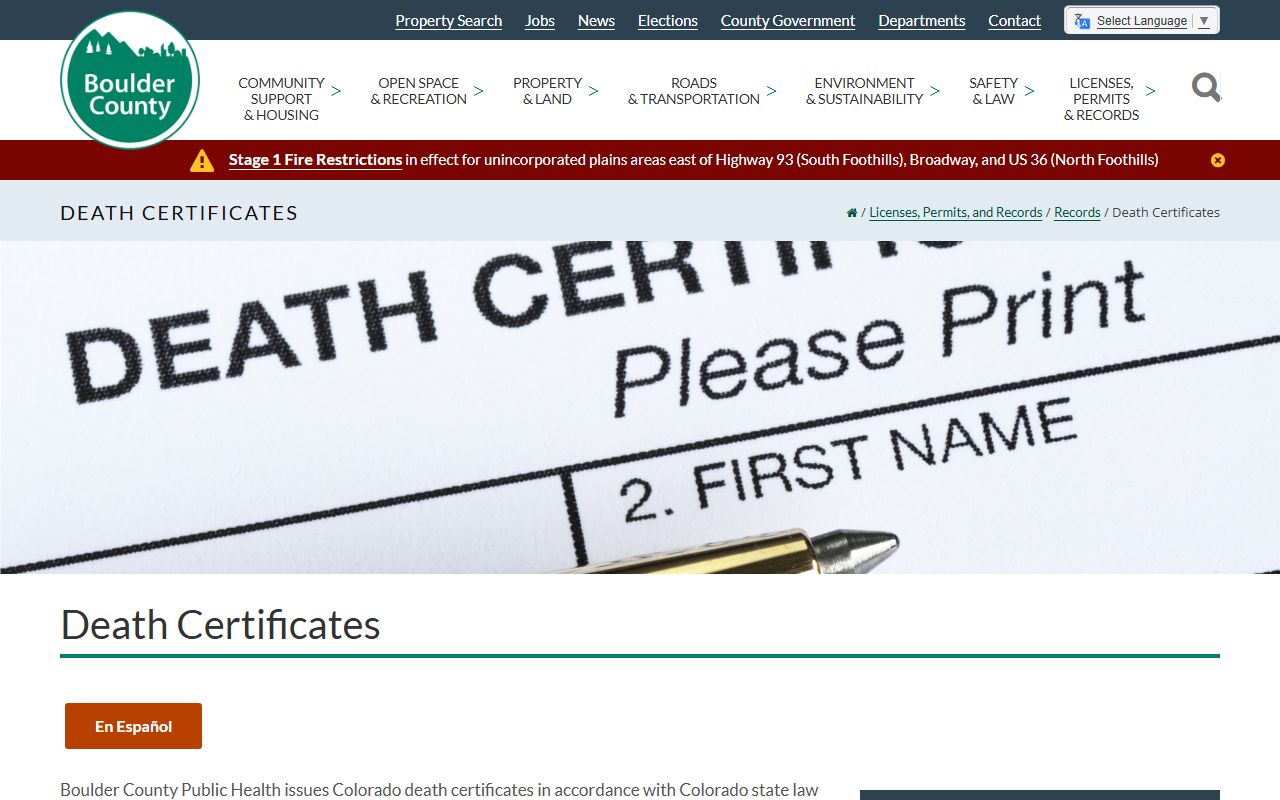 Boulder County Public Health death certificates page - Boulder County Death Index