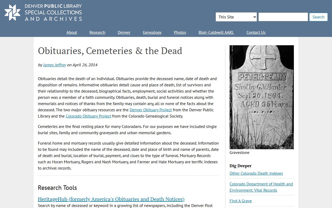 Denver County Death Index Library Obituaries