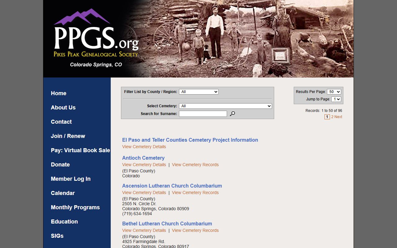 Colorado Springs Death Index - Pikes Peak Genealogical Society cemetery database