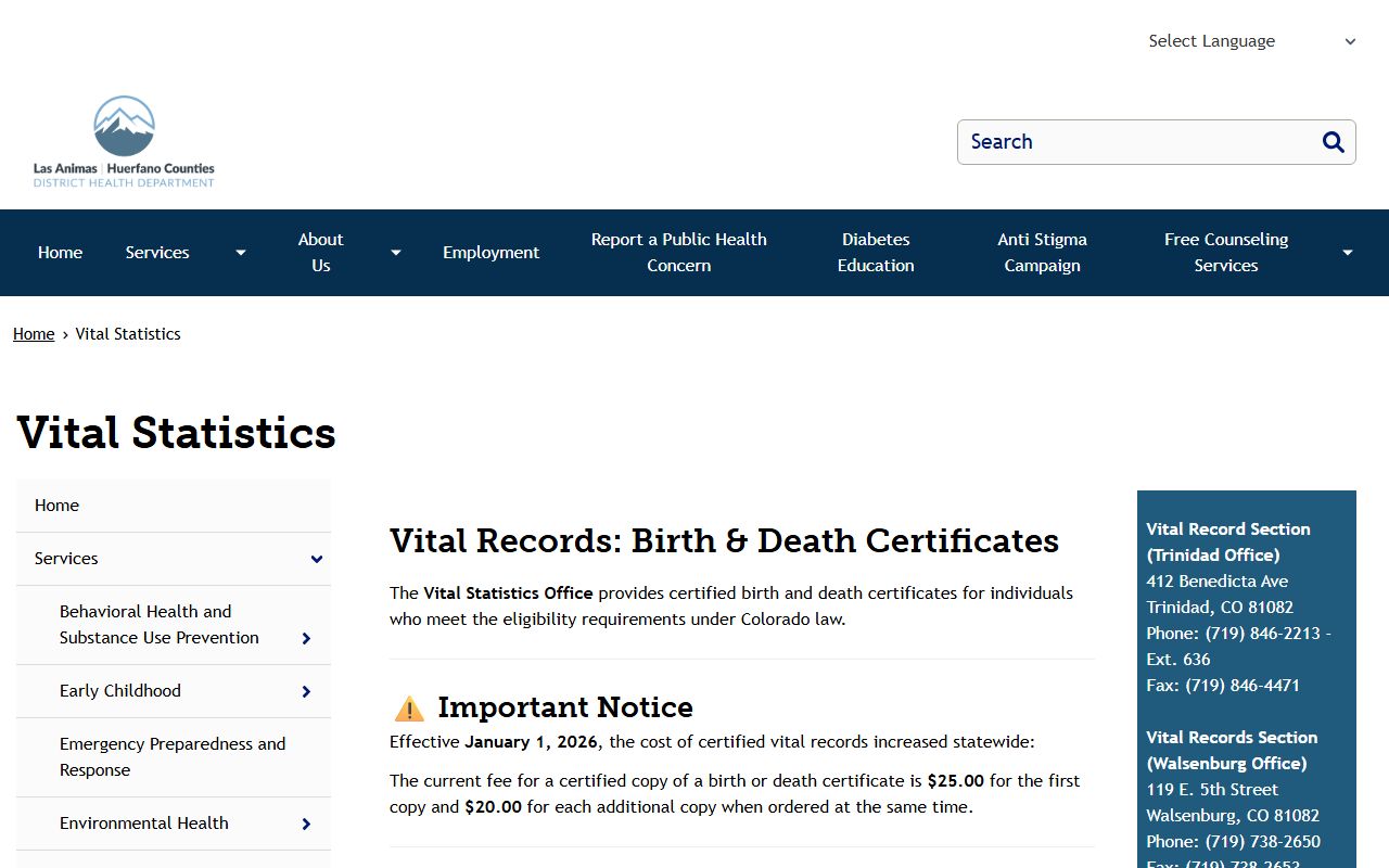 Las Animas-Huerfano District Health vital statistics page - Huerfano County Death Index