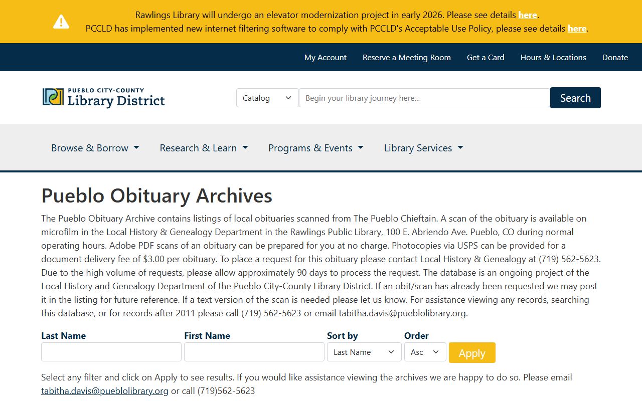 Pueblo Death Index - Pueblo Library obituary search page