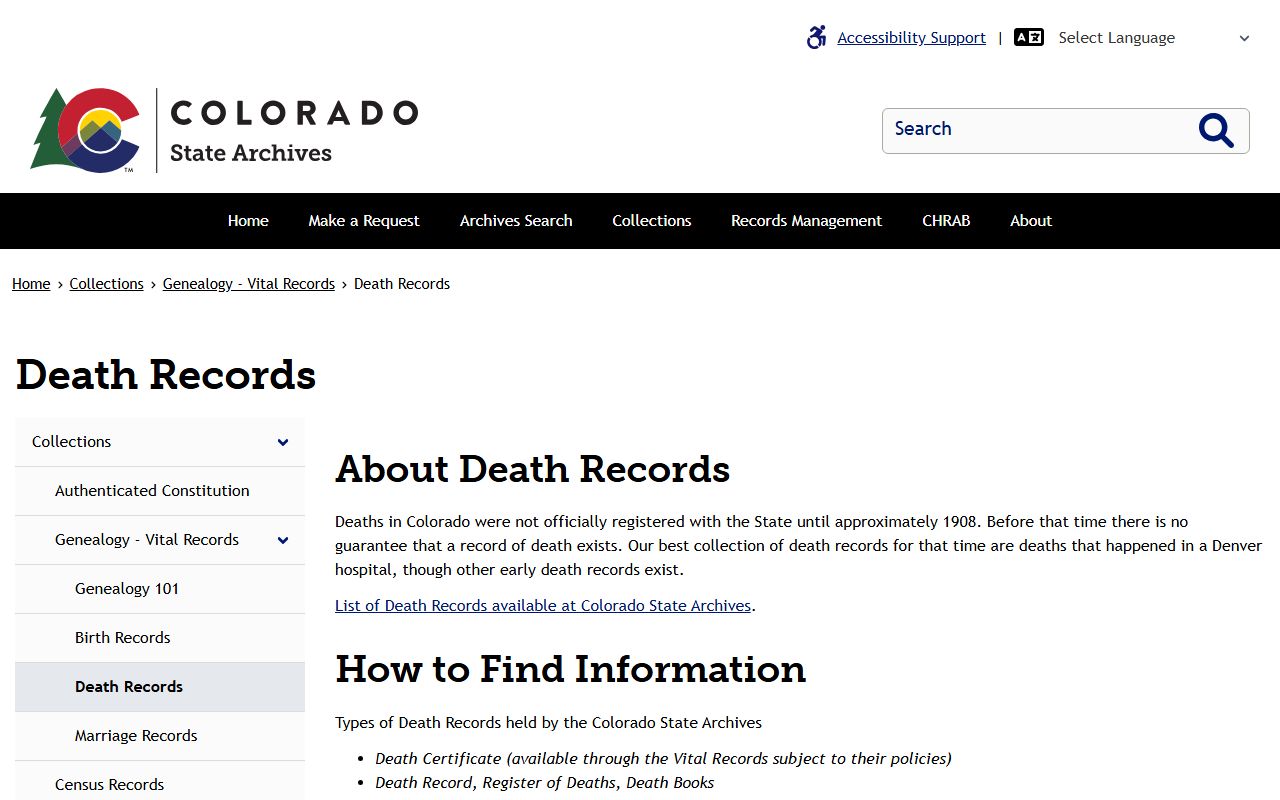 Colorado State Archives Death Records