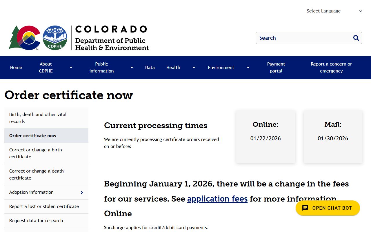 Colorado Certificate Ordering Page