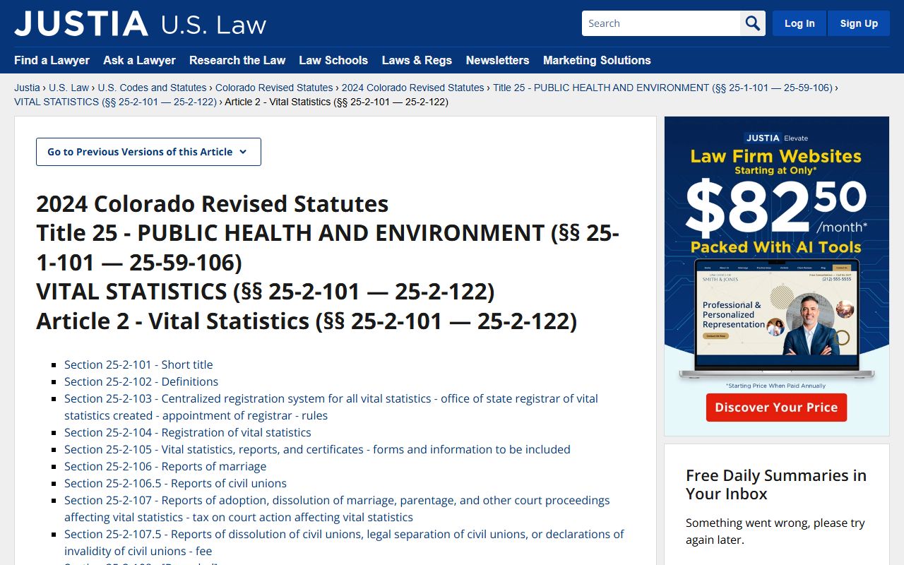 Colorado Vital Statistics Statutes